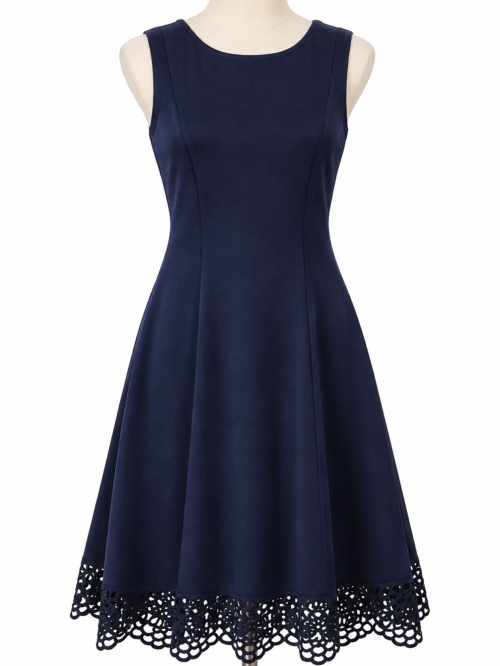 Donna Ricco Navy Sleeveless Fit-and-Flare Dress with Laser-Cut Hem